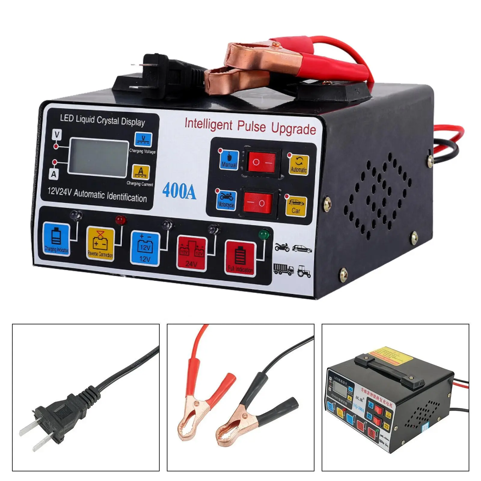 Dual Voltage 12V / 24V Battery Trickle Charger, Pulse Repair Function Revives Aging Lead-Acid Batteries, Compact Portable Design, Wide 110V-250V Input for Cars, Motorcycles & Lawn Mowers
