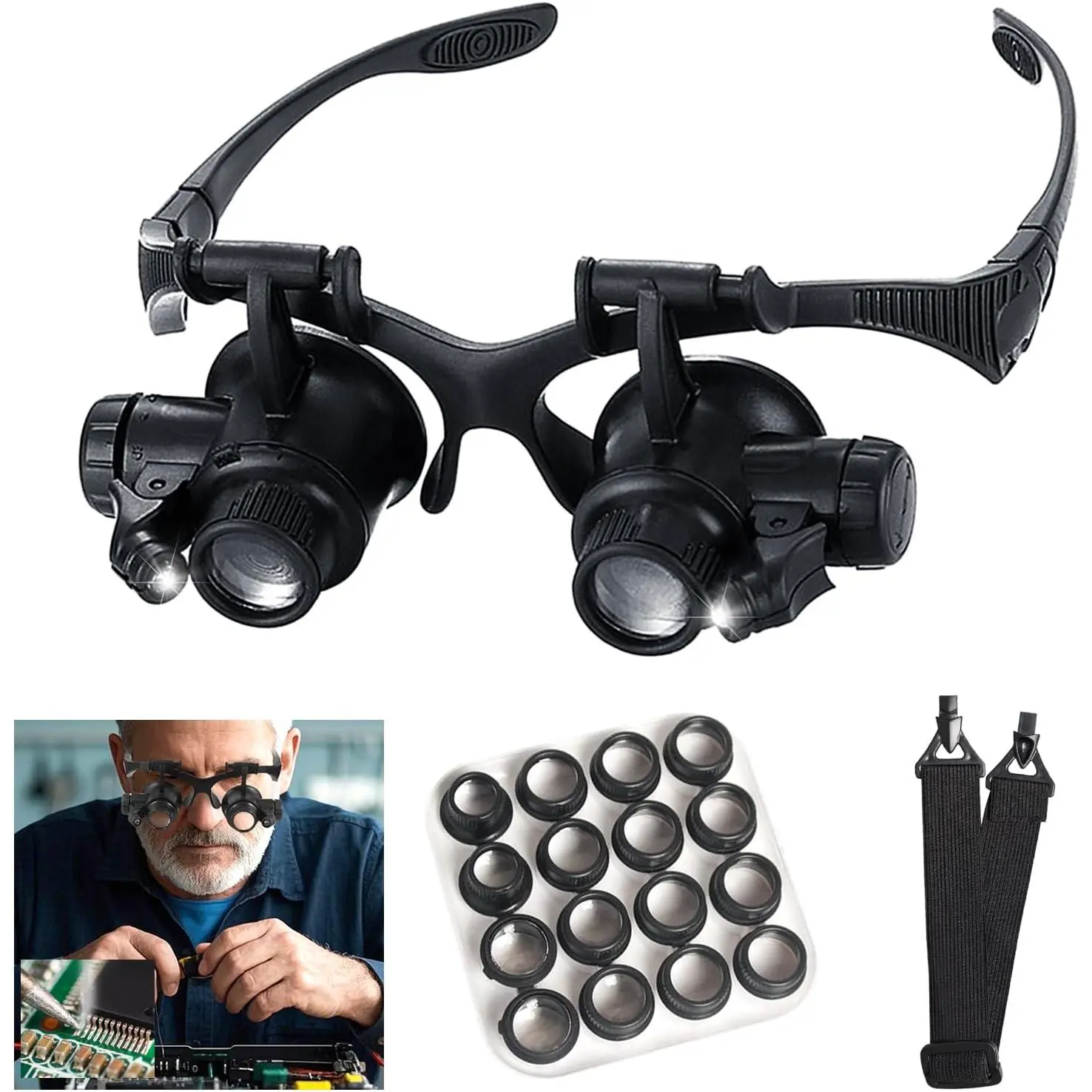 Swiilpo Head Mount Magnifying Glass with LED Light, Jewelers Loupe Magnifier with 8 Interchangeable Lens 2.5X/4X/6X/8X/10X/15X/ 20X/25X for Close Work/Electronics/Eyelash/Crafts/Jewelry/Repair,By Traiisutor