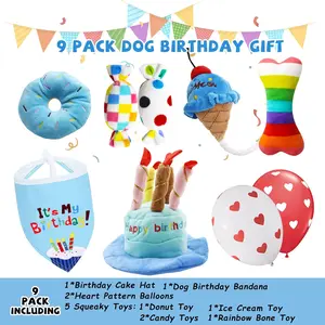 9Pcs (7sizes)Dog Birthday Toy Set, Plush Pet Toy for Small Dogs, Includes Squeaky Cake Hat, Bandana, Dessert Themed Toys, Balloons, for Dog Birthday Party