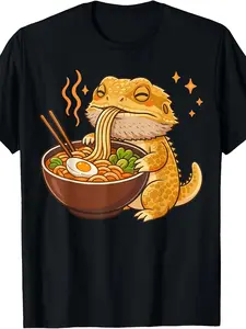 Bearded Dragon Eating Ramen Noodles T-Shirt| Vintage Style, Crew Neck, Slight Stretch Fabric, Regular Fit, Perfect For Adults, Drawing Pattern