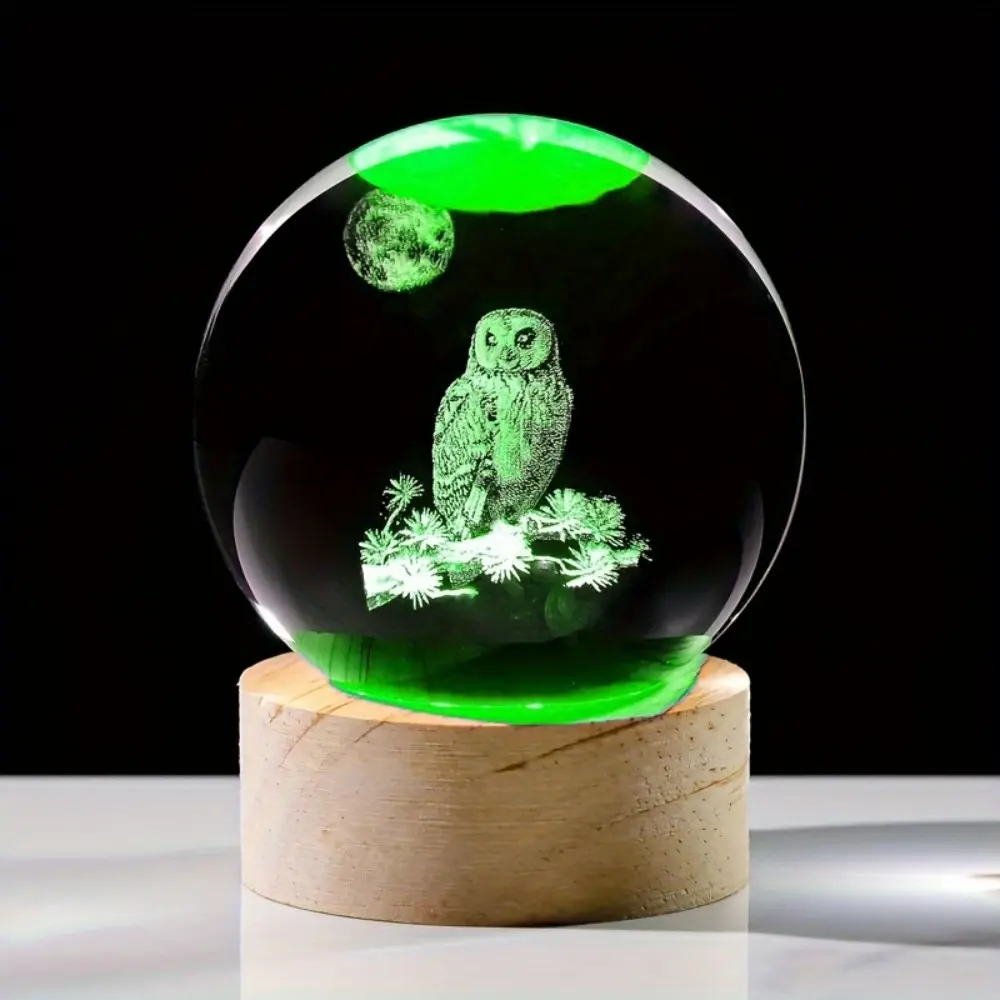 1pc Modern 2.3-in Glass Owl Ball with Wood Base - USB-Powered Decorative Ambiance Lighting, Freestanding Tabletop Animal Statue, Adjustable Toggle Control, Polished Finish, for Bedroom & Living Room, Ideal Mother's Day Gift