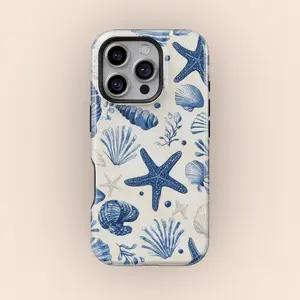 Watercolor Blue Nautical Coastal Beach Starfish and Seashells Phone Case, iPhone 17 16 15 14 13 12 Pro, Samsung Galaxy S25 S24 S23 S22 Ultra D
