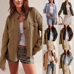 Women’s autumn/winter knit stand-collar solid-color cardigan sweater