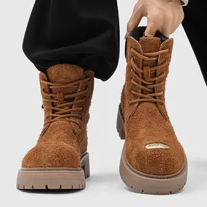 Men’s brown chunky heel lace-up work boots, platform combat-style short boots, retro outdoor design