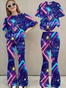 Cyber Colorful 3D Print Set, Blue Gradient, Short Sleeve Bell Bottoms Two-Piece Set, Casual Slim-Fitting Streetwear for Girls