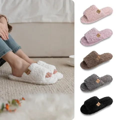 GOEWY Women's Basic Fuzzy Open Toe Single Strap Slippers - Breathable All Seasons Slip-On, Buttery Squishy Minimalistic House Footwear, Non-Slip Faux Fur Memory Foam, Indoor/Outdoor Quick Trips, Party Gifts (Sizes 5-12)