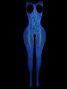 Sexy Night Light Mesh Bodysuit, Skull Design Lingerie Set, Women's Sensual Jacquard Mesh, Erotic Underwear Ensemble