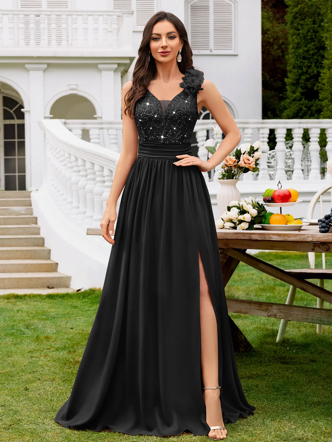 Miusol 24451A Women's Chic Elegant Glitter Sequin Lace Chiffon Formal Gown  - Sleeveless, Deep V-Neck, Ruched, Thigh Split, Well-Fit, Prom Dresses for  Spring/Summer Wedding Guest Events - TikTok Shop