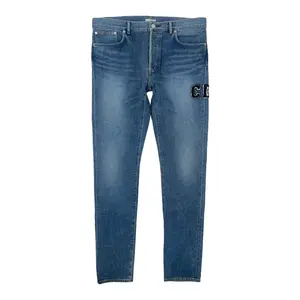Men's Denim Fabric Pants with CD Patch Detail, Pre-Owned Blue Menswear Jeans (Kenny Scharf Collaboration)