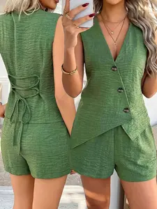 Women's Summer Casual Vacation Style Set, Pure Color Button Tie Waist Sleeveless Cardigan Vest + High-Waisted Loose Shorts, Elegant Slim-Fitting