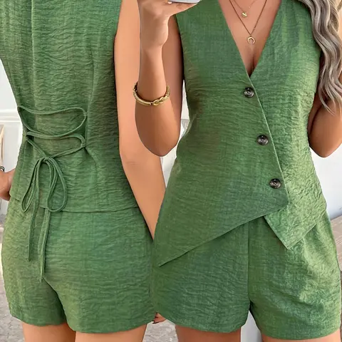 Women's Summer Casual Vacation, Womenswear Pure Color Button Tie Waist Sleeveless Cardigan Vest + High-Waisted Loose Shorts, Elegant Slim-Fitting Two Piece Set Women