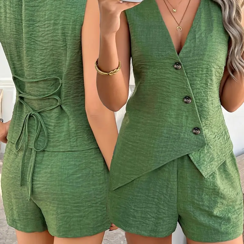 Women's Summer Casual Vacation, Womenswear Pure Color Button Tie Waist Sleeveless Cardigan Vest + High-Waisted Loose Shorts, Elegant Slim-Fitting Two Piece Set Women