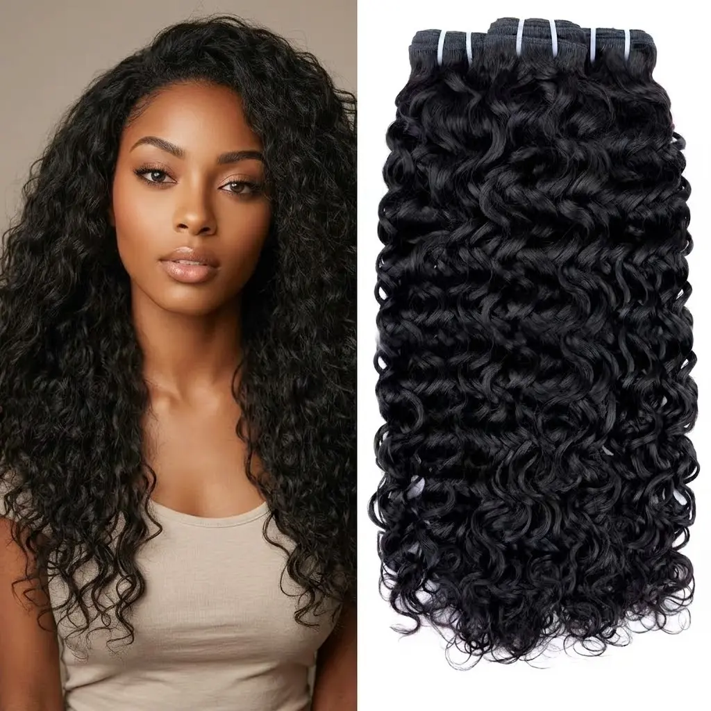 PERMISMODA HAIR SHOP 16A Water Wave Human Hair Bundles Virgin Hair Water Wave 3 Bundles 100% Unprocessed Virgin Remy Hair Bundles Natural Black Extensions