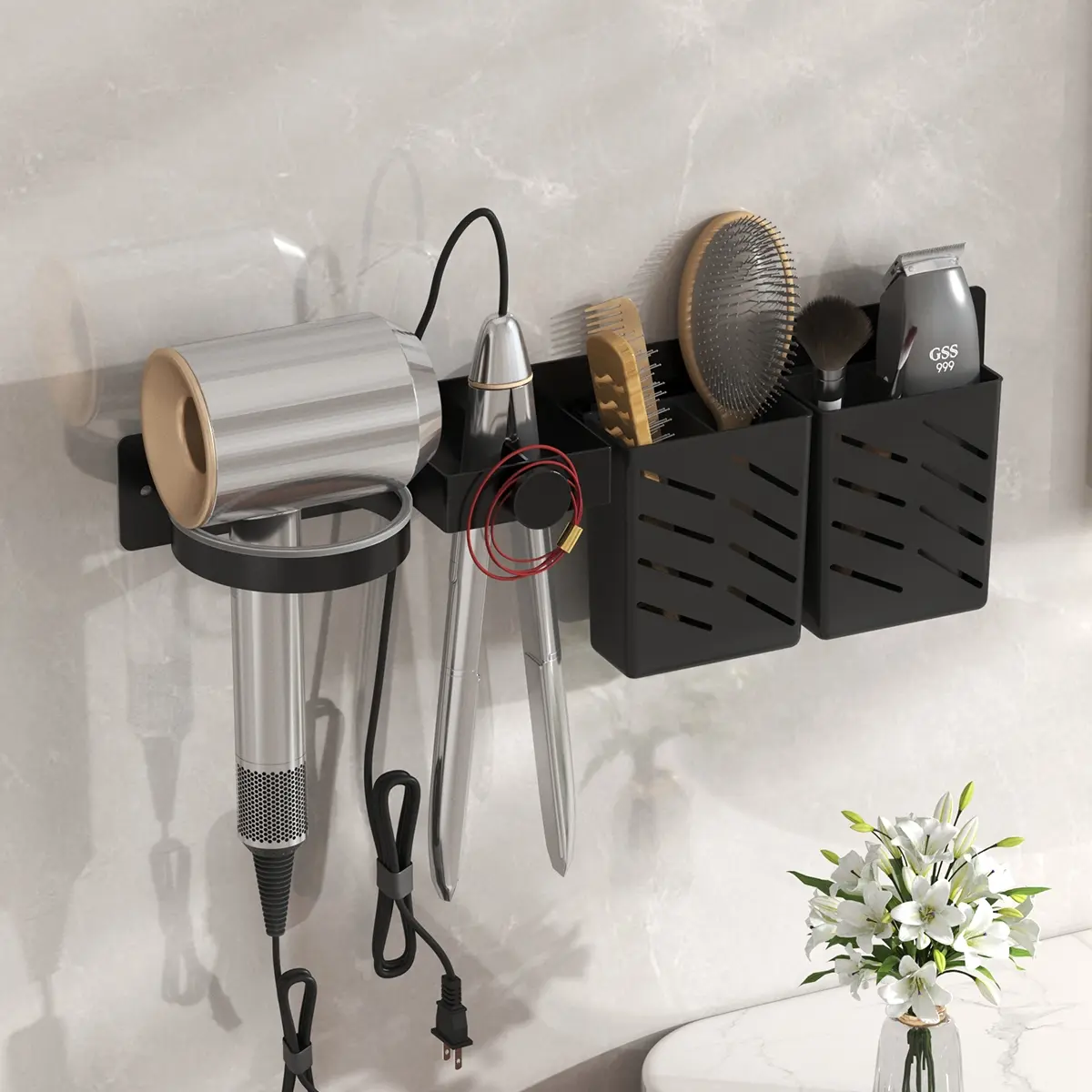 Wall-Mounted Hair Dryer Holder, Bathroom Shower Rack, Self-Adhesive No Drilling, Hair Tool Organizer, Bathroom Organizing Accessories, Bathroom Accessories, Bathroom Necessities