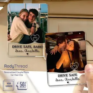 [Flash Deal] RodyThread Personalized Couple Photo Car Visor Clip – Custom Drive Safe Babe Message Unique Car Accessories, Sentimental Heart Aesthetic Decor, Acrylic Anniversary Gift for Boyfriend Husband