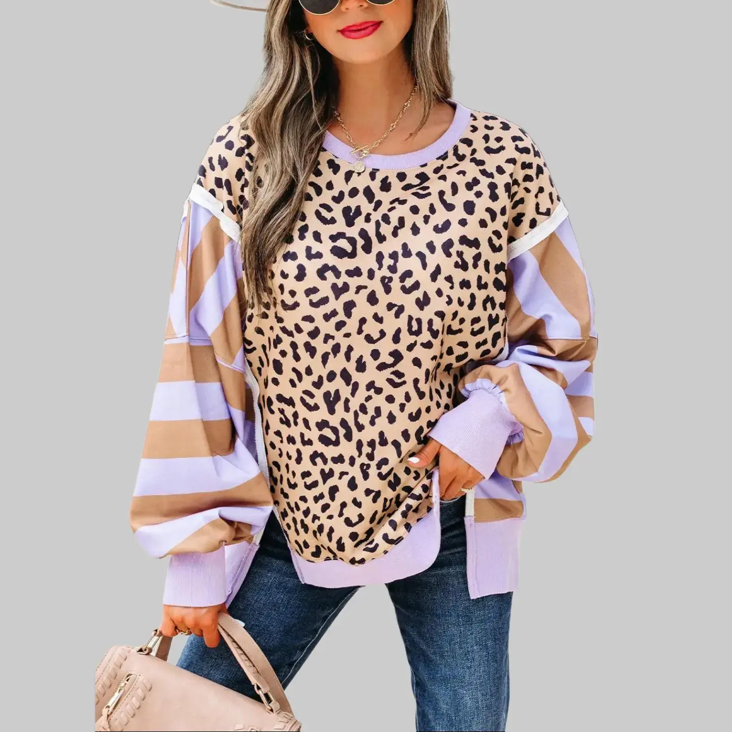 S-4X Plus Size Sweatshirt for Women, Casual Leopard & Striped Patchwork Polyester Oversize Crewneck, Drop Shoulder Capsule Wardrobe Essential for an Everyday Vibe, Baggy, Print, Longsleeves, Crew Neck, Lazy Outfit, 2X, 3X, Hoodie, Recycled Poly, Clothes