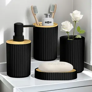 4-Piece Modern Bathroom Accessories Set, Soap Dispenser, Toothbrush Holder, Tumbler and Soap Dish, Minimal  Accent Vanity Organizer Set for Sink Countertop, Guest Bathroom, Apartment, Hotel Style Decor and Daily Home Use