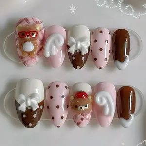 Strawberry Choco Bear Press On Nails, Kawaii Brown Bear Nail Art, Handmade Y2K Chocolate Nails, Cute Cartoon False Nails, Sweet Coquette Nail Design