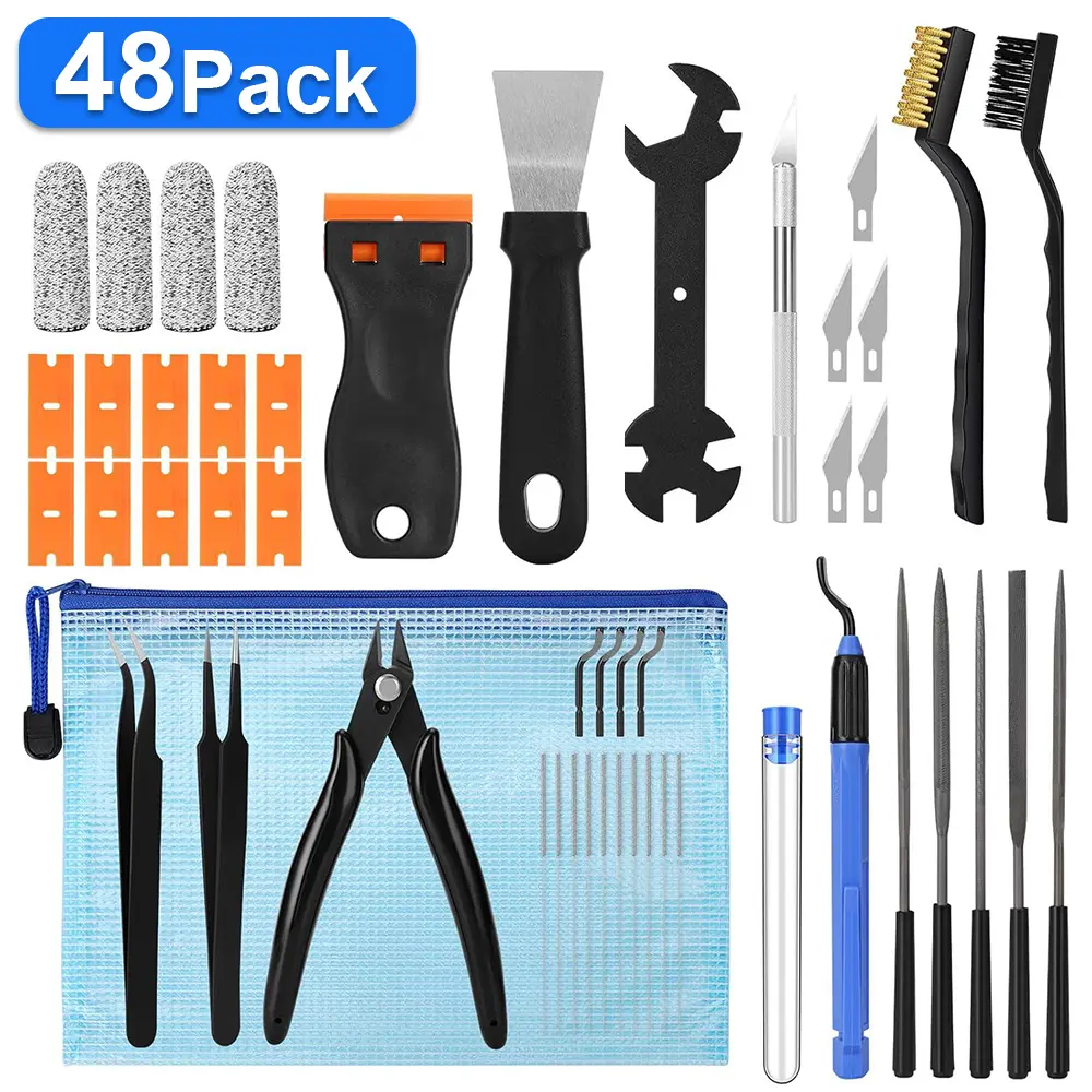 48 Packs 3D Printer Tools, 3D Printer Tool Kit for 3D Printing Removing, Cleaning & Finishing, Includes Deburring Tool, Nozzle Cleaner, Scraper, Files, Wire Cutter, Craft Knife, Wrench & Tweezers