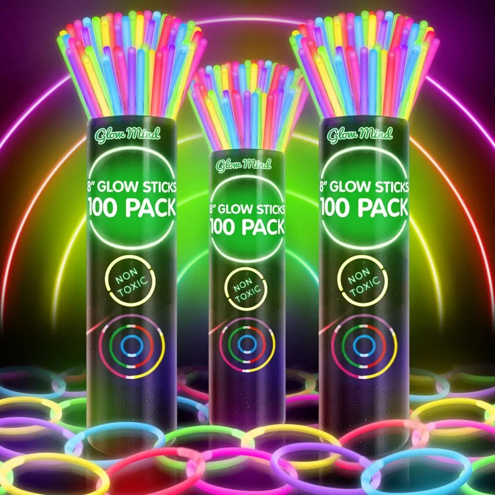 8" Ultra Bright Multicoloured Glow Sticks Bulk Kit - 300-Count Party Decoration Supplies, Light-Up Party Favors with Bracelets, Necklaces for Halloween, Wedding Gifts
