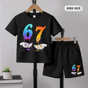 Boys’ Numeric Printed Design Short Sleeve T-Shirt And Shorts Set, Casual Kids Summer Outfit, Comfortable Crew Neck Clothing Set For Daily Wear And Outdoor Play