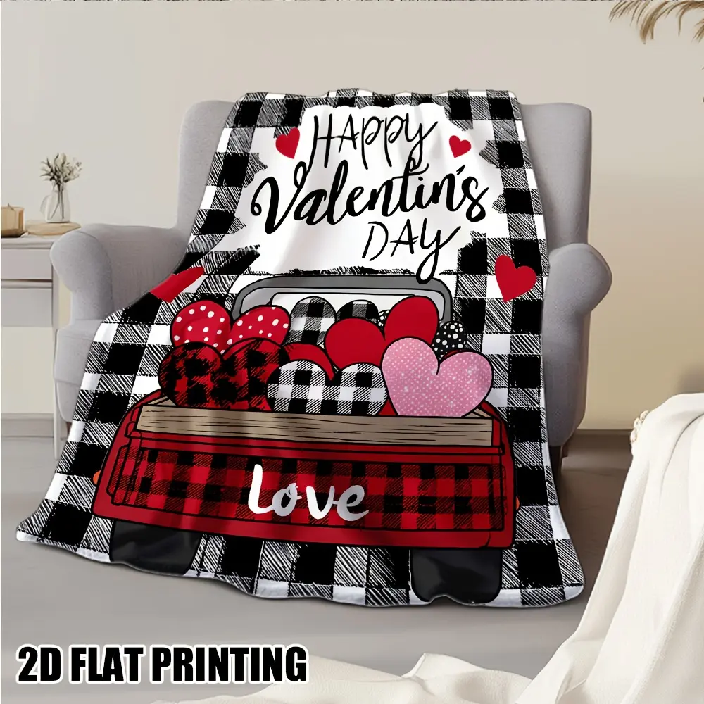1pc Vintage Valentine's Day Flannel Blanket - Red & Black Checkered Plaid with Hearts, Hearts & XOXO Patterns - Soft Warm All-Season Throw for Bed, Sofa, Travel - Machine Washable Cozy Gift for Couples, Women, Girls - Black & Red Checkered Valentine's Dec