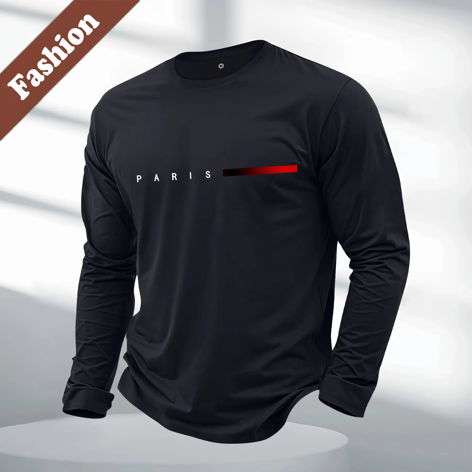 Men's Fitted Athletic Long Sleeve T-Shirt with Paris Letter Print, Casual Crew Neck Top for Outdoor Sports and Streetwear, Athletic Letter Print, Casual Athletic Apparel