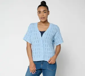 AnyBody Cotton Crochet Short Sleeve Sweater Cardigan
