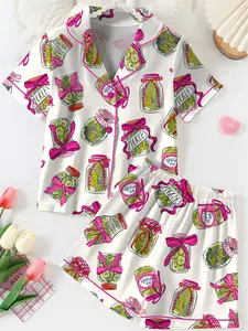 Women’s Pickle Lover Pink Bows Pajama Set, Christmas Sleepwear Gifts Nightwear Pajama Satin Long Pants, Noel Santa Gift For Her