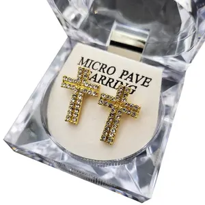 MaxBling81 Unisex CZ Cross Iced Stud Earrings - 13x20mm Cross Shape, Gold-Plated Religious Fashion Jewelry with Crystal Stones, Crystal Case, Unisex Fit for Daily Wear