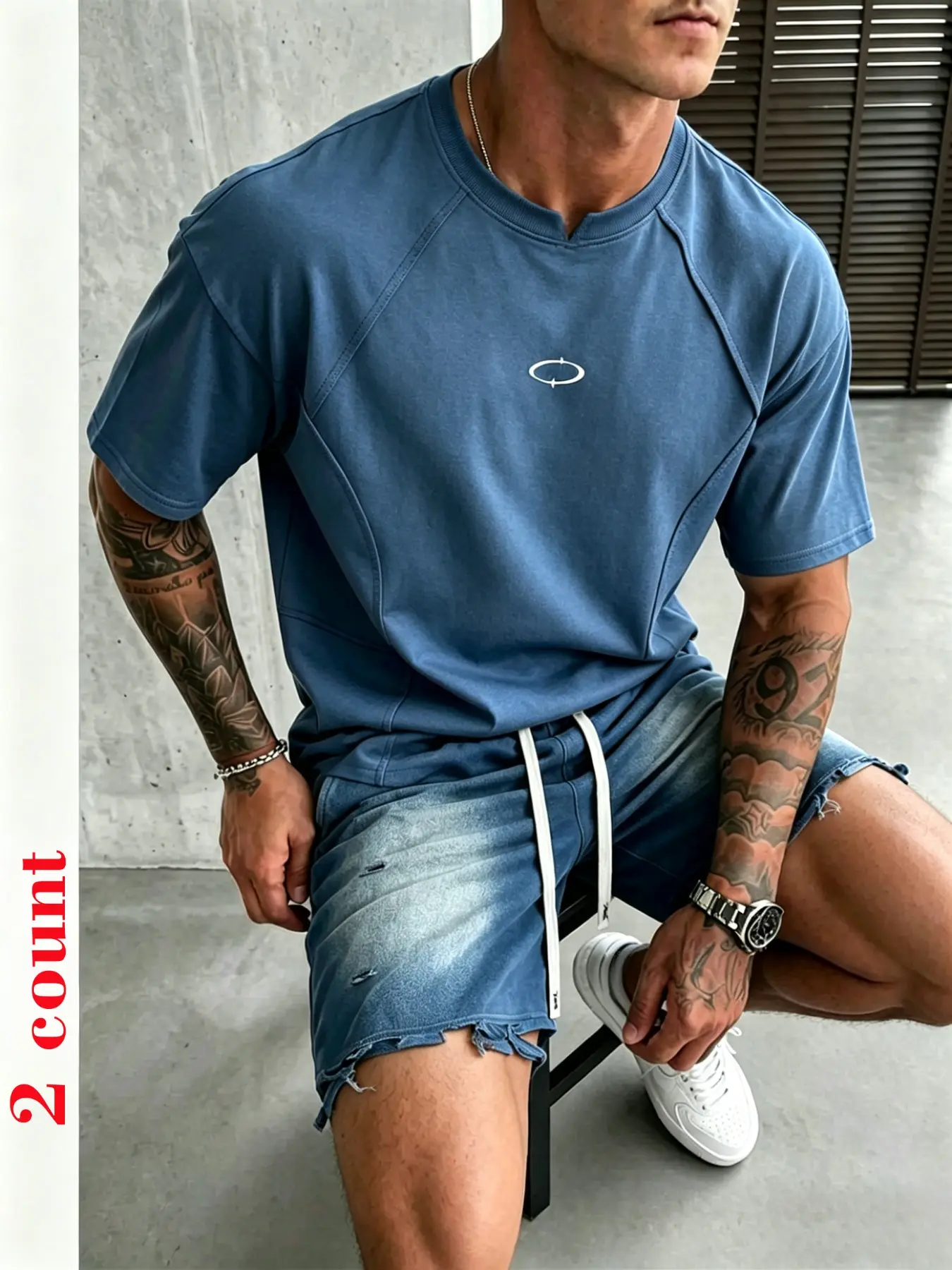 Men's 2-Piece Casual Fashion Set, Small V-Neck Sleeveless T-Shirt + Gradient Washed Denim Shorts, Modern Streetwear
