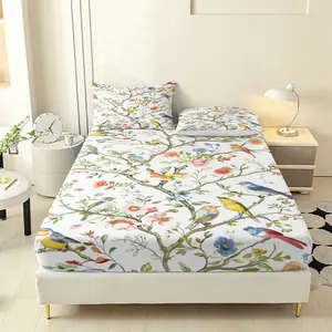 Three pieces with patterns of little birds and various flowers Print Fitted Sheet Set (1 Fitted + 2 Pillowcases), Casual Style, High-Quality Bed Sheet Sets for Bedroom or Guest Room