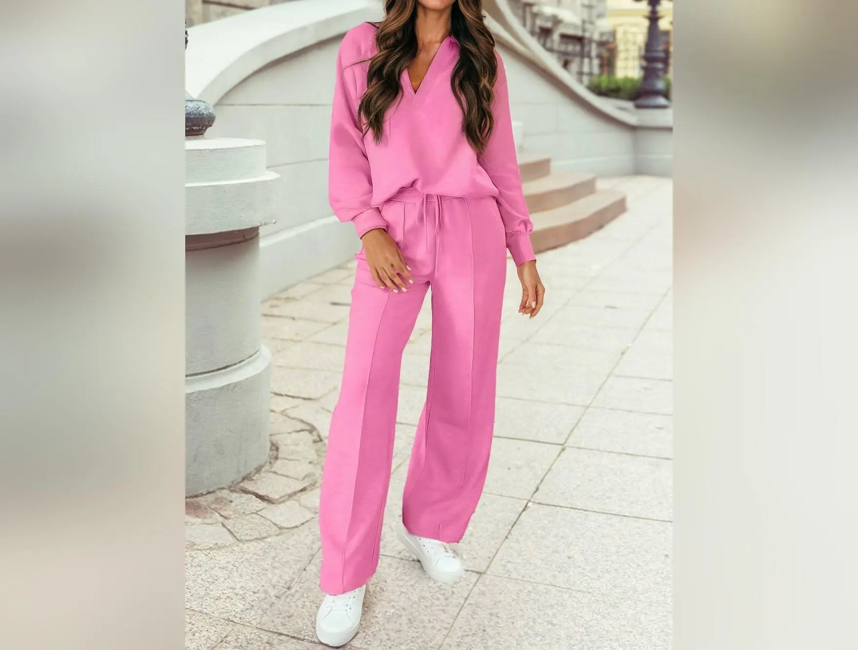 Polo Collar V Neck Pullover and Drawstring Sweatpants Set