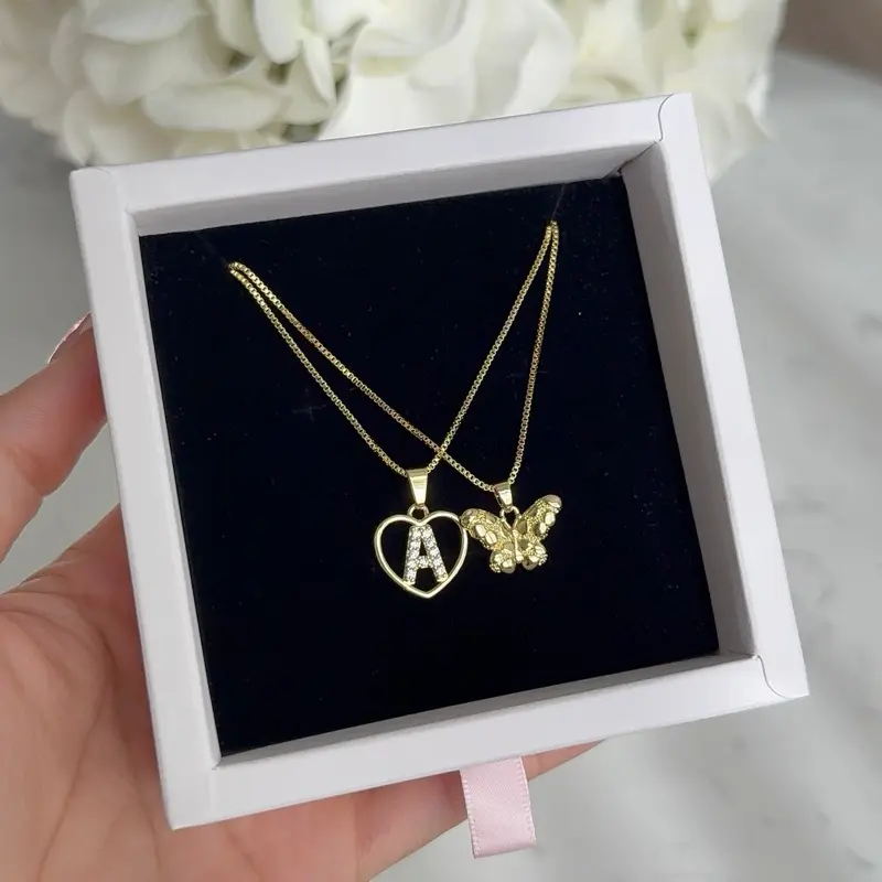 Initial Necklace Set with Butterfly and Heart Pendants, Gold Finish, Includes Chain and Pendant