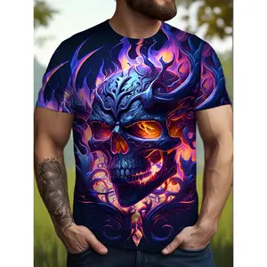 Plus Size Mens Printed T-Shirt Short Sleeve- Casual Crew Neck, Demon Skull Pattern T-Shirt, Breathable Micro-Stretch Fabric, Street Fashion Sports Style, Summer Clothing Top, Large, PLUS SIZE