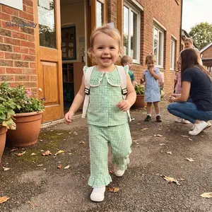2 Pcs Toddler Girls Summer Outfits Sleeveless Doll Collar Plaid Print Vest Tops and Elastic Waist Pants Cotton Linen Bubble Romper Bodysuit Set