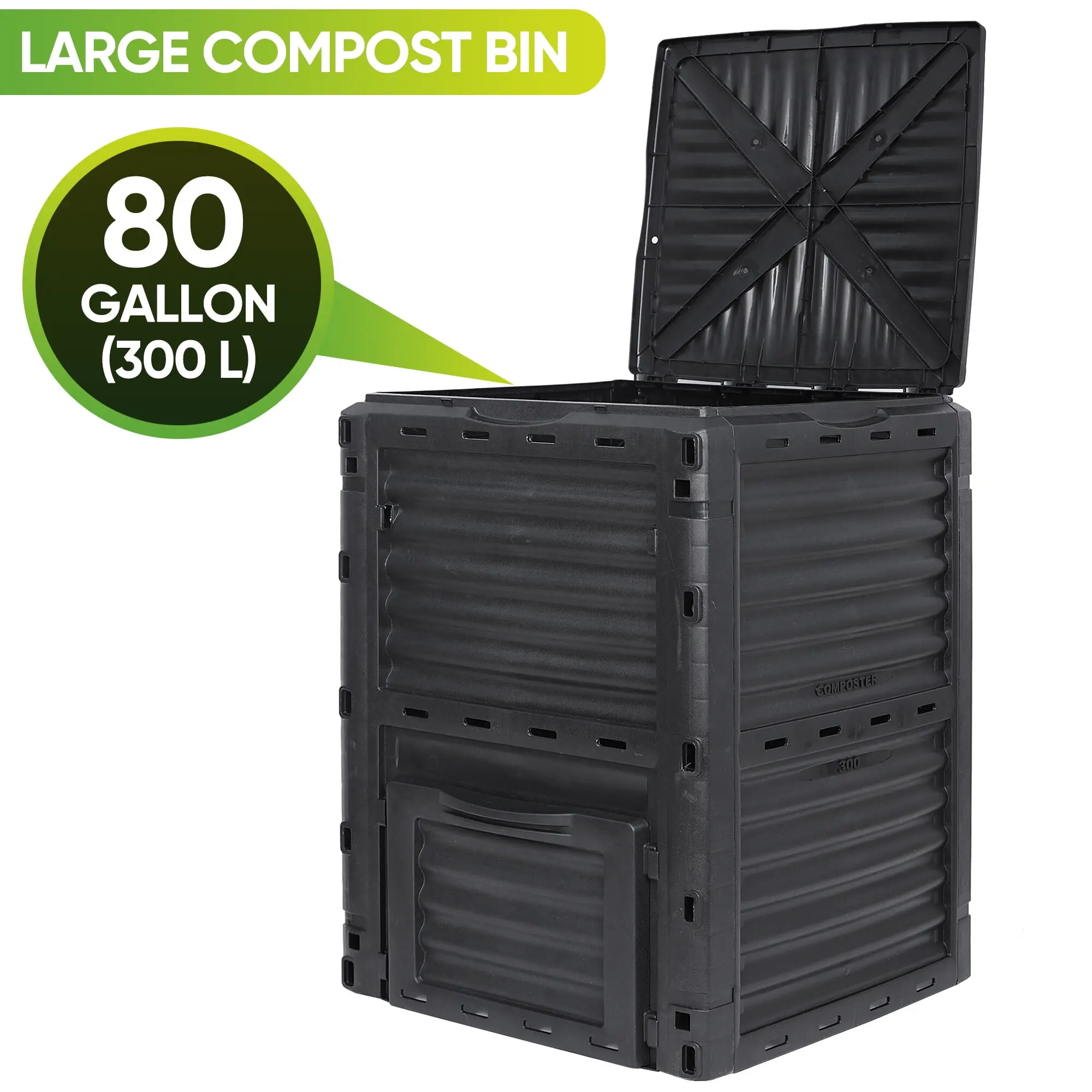 ZENY 80 Gal Eco-Friendly Outdoor Compost Bin - BPA-Free Recycled PP, Functional Design, Ventilation Design, With Lid, Sliding Door, Clip Assembly, Durable, Easy to Use, 22.4" L x 23.2" W x 31.9" H, 300 L for Fast Fertile Soil