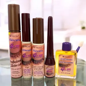 PROSA 5-Piece Brown Mascara & Oil Bundle – Professional Silicone Mascara, 4-in-1 Mascara, Eyeliner, Tintero, and Lash Growth Oil Makeup Aloe Eyelash Jojoba