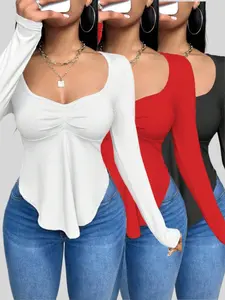 Women's Casual Fitted Long Sleeve Square Neck Asymmetrical Hem Three-Piece Matching Set, Fall Fashion Style, Pure Color New Design Tops