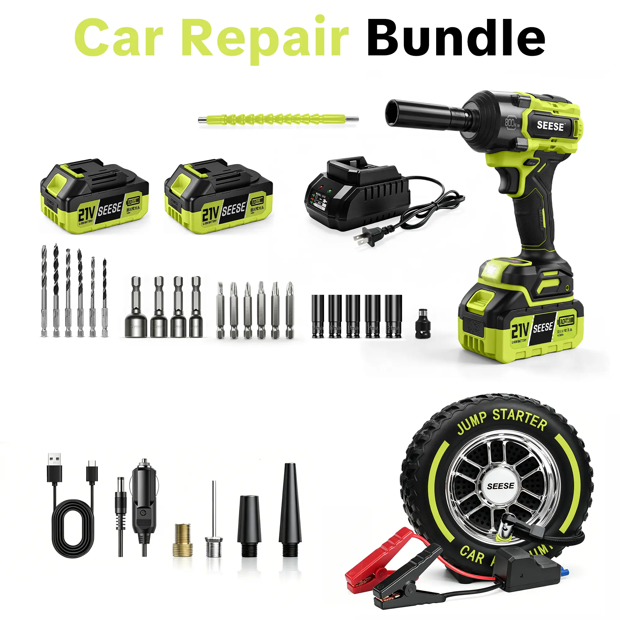 SEESE Car Repair Bundle with High Torque Impact Wrench & 150 PSI Tire Inflator | Portable Impact Driver and Air Compressor Combo Kit for Tire Change, Lug Nut Removal, Road Trips & Auto Maintenance