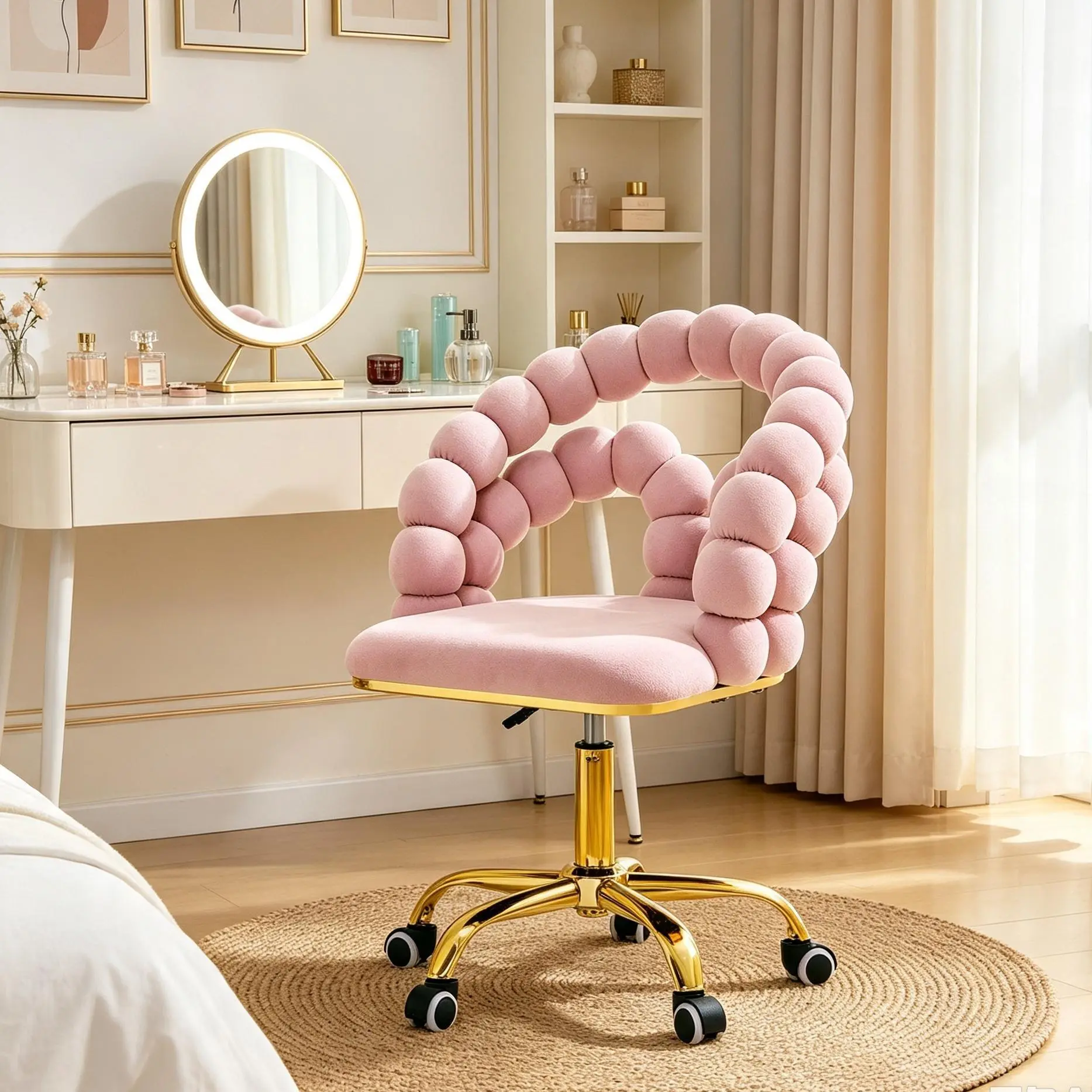Mustard Pink Velvet Swivel Office Chair with Bubble Back, Modern Adjustable Upholstered Desk Chair with Gold Metal Base, Luxury Vanity Chair for Home Office, Bedroom, Makeup Room & Study