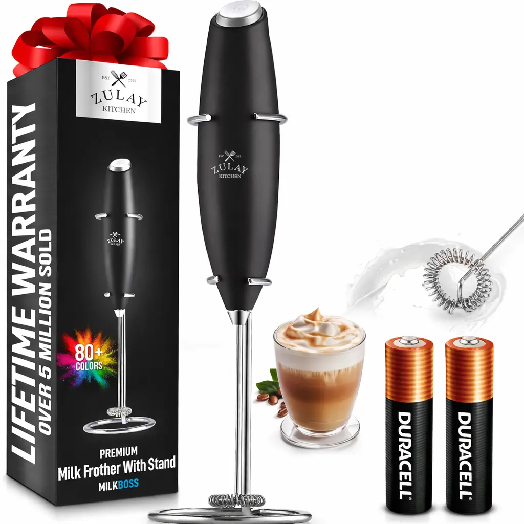 Kitchen Powerful Milk Frother Wand With 2 Duracell Batteries - Ultra Fast Handheld Drink Mixer - Electric Whisk Foam Maker for Coffee, Lattes, Cappuccino, Matcha, Hot Chocolate & Creamer - Black