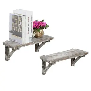 Rustic Torched Wood Wall-Mounted Display Shelves, Set of 2