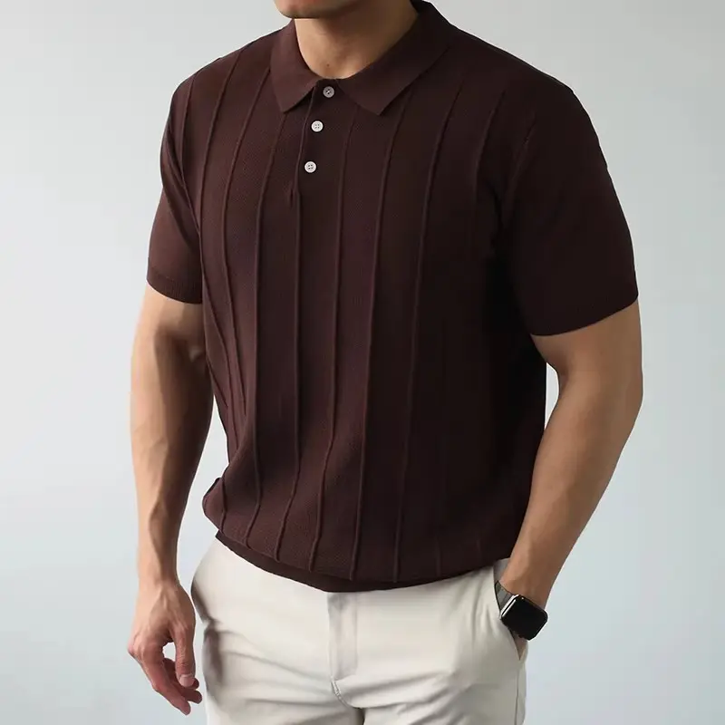 Men's Vertical Striped Knit Short Sleeve Polo Shirt, Lapel Collar Three Buttons Placket Slim Fit Soft Breathable Business Casual Knit Top For Summer Daily Office Streetwear Outfits # SummerWins