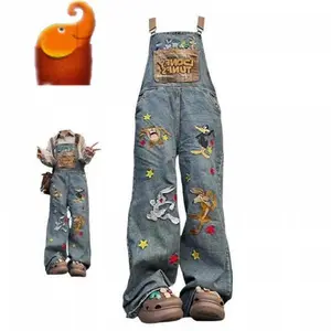 Y2K Vintage Cartoon Embroidery DenimOveralls Women Washed Loose JumpsuitStreetwear Pants jeans  pan
