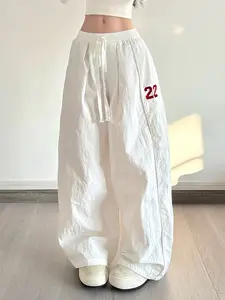 Women's Digital Embroidery Drawstring Adjustable Elastic Waist Casual Loose Wide Leg Trousers, Figure Pattern, Natural Waist, All Seasons, Womenswear, Pants