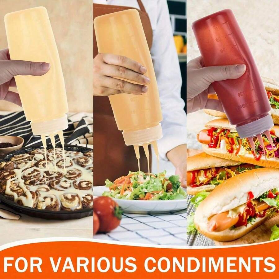 2pcs Multi-Purpose Kitchen Squeeze Bottles With 3-Hole Graduated Design - PE Material, Ideal For Sauces, Condiments & Baking - Includes White, Red And Amber Nozzles, Condiment Dispenser |   Modern Kitchenware |   Translucent Material, Soy Sauce Squeeze Bo