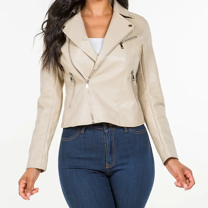 Asymmetric Faux Leather Jacket in Beige