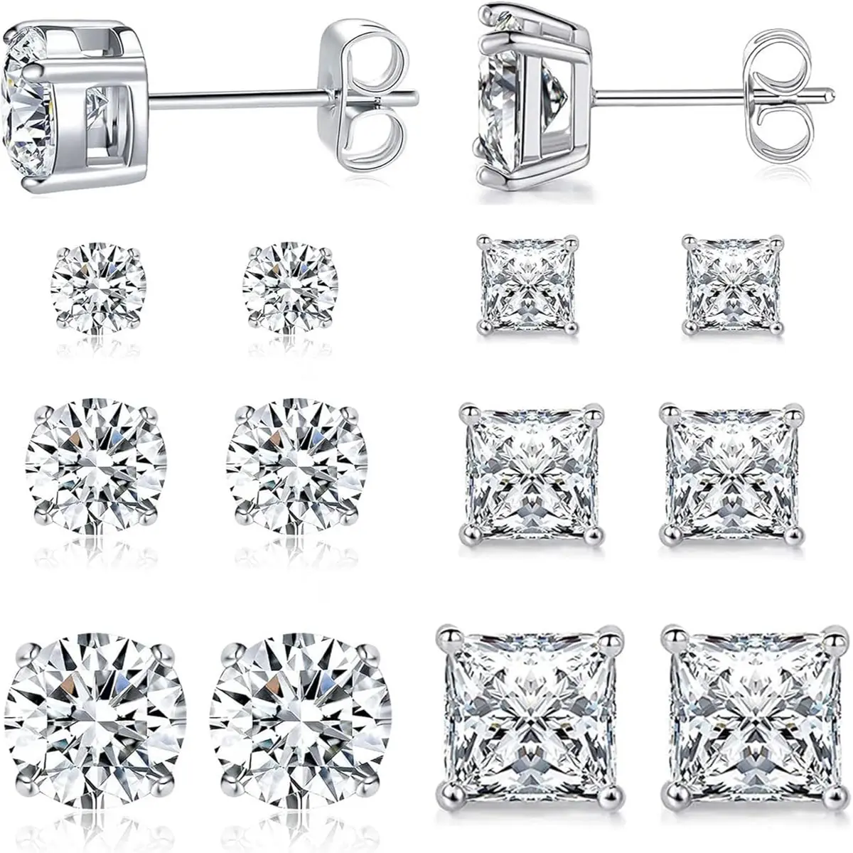 6 Pairs CZ Stud Earrings Set Cubic Zirconia Stainless Steel Hypoallergenic Jewelry for Women Men Everyday Wear Special Occasions