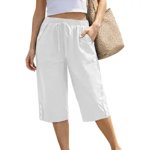 Women Pocket Pants Lightweight Wide Leg Drawstring Elastic Waist Lounge Cropped Pants Chic Casual